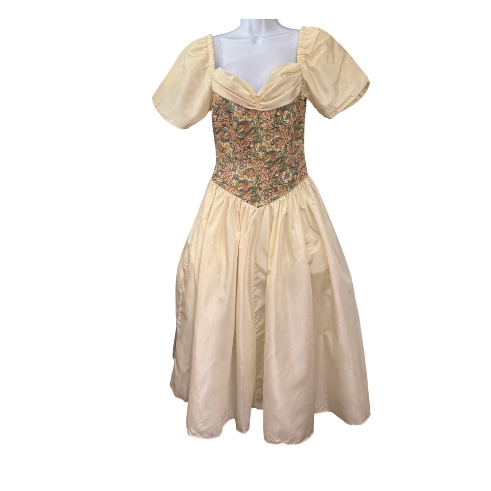 Vintage 80s Ivory Taffeta Prom Dress Floral Tapestry Corset Puff Sleeve Gown